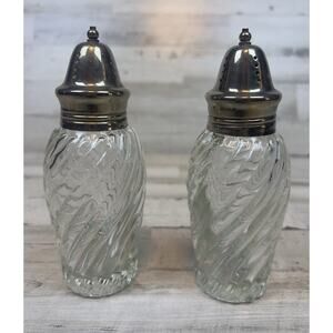 Clear Swirl Glass Salt Pepper Shakers Set Silver Plate Tops Ribbed Pattern